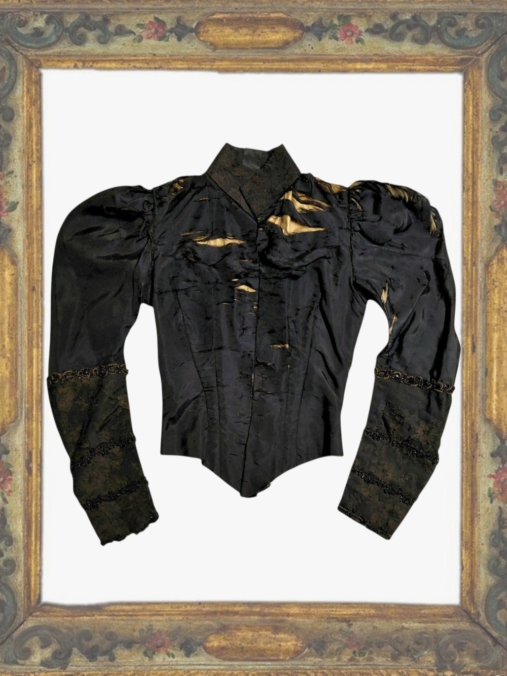 Antique 1890s Victorian Mourning Bodice Silk Faille FrenchJet Beads Wounded Bird